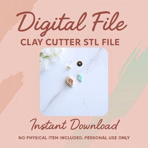 以下が含まれることがあります： 「Digital File」と「Clay Cutter STL File」のテキストが入ったデジタルファイルの画像。葉の形やその他の形の粘土カッターのデザインが表示されています。「Instant Download」の文字も表示されています。