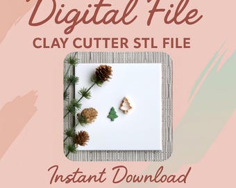May include: Image features text "Digital File" and "Instant Download". Two clay cutter tree shapes are displayed on a white surface, one green and one beige. The background is a light pink with decorative elements.