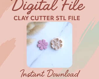 May include: Digital file for a clay cutter in STL format. The image shows two flower-shaped clay cutters, one in light pink and the other in a beige color. The text "Instant Download" is also visible.