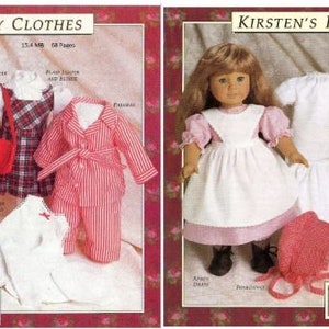 May include: Two sets of doll clothes for 18-inch dolls. The first set is for Molly and includes a white dress with red trim, a yellow jacket, a red and white plaid skirt, a white blouse, a red purse, a red and white striped jacket, and a blue hat. The second set is for Kirsten and includes a white dress with pink trim, a white apron, a white blouse, a white nightgown, a red and black jacket, and a red and black bag.