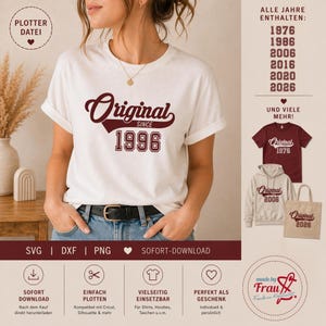 May include: White t-shirt with the text "Original Since 1996" in maroon script. Additional items with the same design are shown, including a maroon t-shirt, a beige hoodie, and a tote bag. The image also includes the text "SVG | DXF | PNG" and "SOFORT-DOWNLOAD".