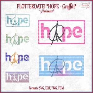 May include: Three variations of a digital cut file design for a word art graphic of the word "hope" with a peace sign symbol. The word "hope" is in a graffiti style font and the peace sign is in black. The designs are in blue, pink, and green.