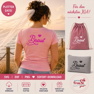 Könnte beinhalten: Rosa T-Shirt mit dem Wort "Braut" in Schreibschrift und einem Diamanten-Grafik. Das Bild zeigt auch einen rosa Kordelzugbeutel und eine graue Tasche, beide mit dem Wort "Braut". Text enthält "SVG | DXF | PNG" und "SOFORT-DOWNLOAD".