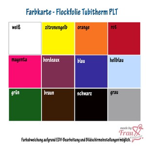 Könnte beinhalten: Farbkarte für Tubitherm PLT Flockfolie, zeigt 12 Farben: weiß, zitronengelb, orange, rot, magenta, bordeaux, blau, hellblau, grün, braun, schwarz und grau.