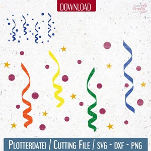 Könnte beinhalten: Ein digitaler Download von fünf Konfetti-Designs in Blau, Grün, Gelb und Rot. Das Konfetti hat die Form von Luftschlangen. Es gibt auch kleine rote und gelbe Kreise, die über das gesamte Design verteilt sind.