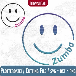 May include: A digital download of a cutting file for a smiley face with the word "Zumba" written around it. The smiley face is in a gradient of blue and purple.