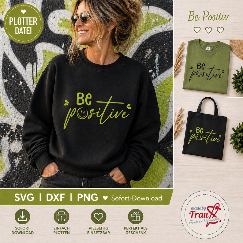 K&ouml;nnte beinhalten: Ein schwarzes Sweatshirt mit dem Schriftzug "Be positive" in Limettengr&uuml;n, wobei ein Smiley das "o" ersetzt. Gezeigt werden auch ein gr&uuml;nes T-Shirt und eine schwarze Tragetasche mit dem gleichen Design.