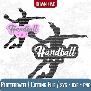 Plotter file * Silhouette of handball player with handball lettering and stars | svg dxf png | vector handball player | Download