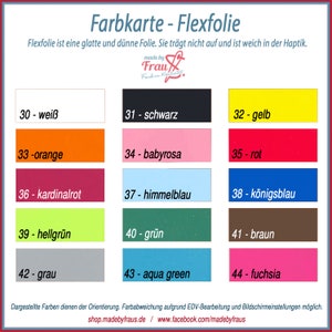Könnte beinhalten: Farbkarte für Flexfolie, eine glatte und dünne Folie. Die Karte zeigt 14 verschiedene Farben, darunter Weiß, Schwarz, Gelb, Orange, Babyrosa, Rot, Kardinalrot, Himmelblau, Königsblau, Hellgrün, Grün, Braun, Grau, Aquagrün und Fuchsia. Die Karte ist mit dem Farbnamen und einer Nummer beschriftet.