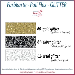 Könnte beinhalten: Farbkarte für Poli Flex Glitter-Transferfolie. Drei Farbmuster zeigen goldenen, silbernen und weißen Glitter auf verschiedenen Untergründen. Der Text lautet "60-gold glitter (goldener Untergrund)", "61- silber glitter (schwarzer Untergrund)" und "62- weiß glitter (weißer Untergrund)".