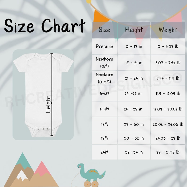May include: Size chart for baby clothes, showing sizes from preemie to 24 months, with corresponding height and weight ranges in inches and pounds.