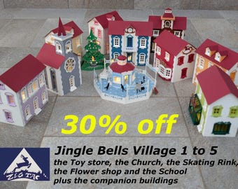 May include: A collection of miniature papercraft houses, including a church, a toy store, a skating rink, a flower shop, and a school. The houses are decorated with lights and are arranged on a surface that looks like a snowy street. The text "30% off" and "Jingle Bells Village 1 to 5" is visible in the image.