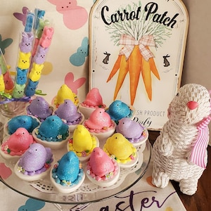 May include: A glass plate with pastel-colored marshmallow chicks in nests, surrounded by a white bunny and a sign that reads "Locally Grown Carrot Patch Fresh Product Daily".