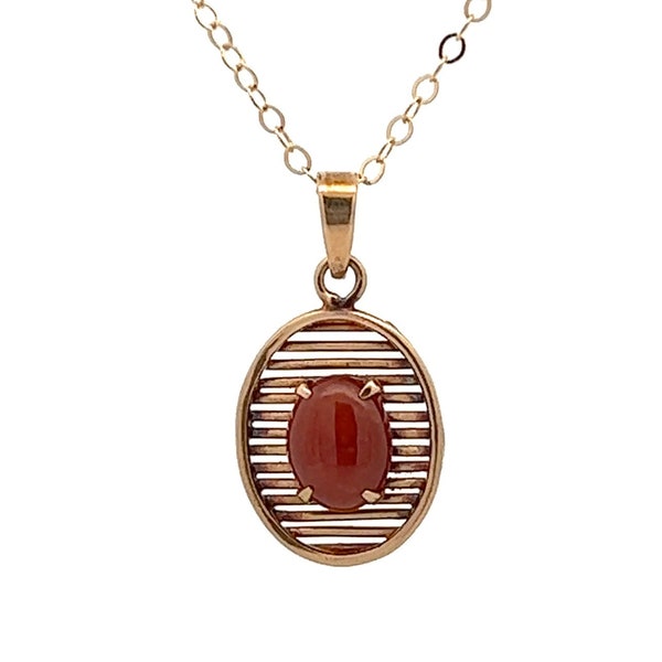 Red Jade Pendant Vintage 14k | 14k Gold Setting | Red Jade Cabochon Stone | Old Oval Jade Charm with Gold Filled Chain, Lot 49