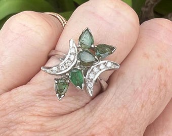 Vintage 14k White Gold Emerald & Diamond Ring – Size 6.75