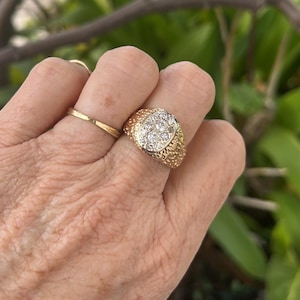 May include: A gold ring with a textured band and a cluster of small, clear stones in an oval setting. A second, thinner gold band ring is also visible. The background is blurred green foliage.