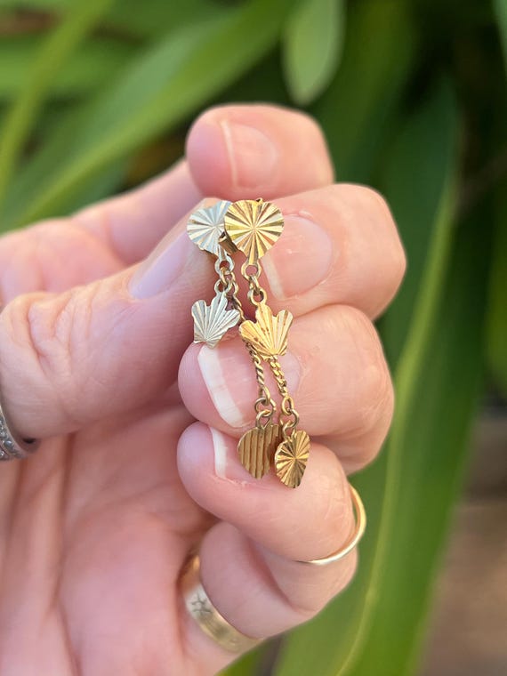 Vintage Solid Gold Drop Dangle Earrings, Post Dan… - image 2