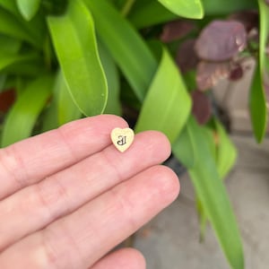 May include: A small, gold-colored heart-shaped charm with the letter "J" engraved on it. The charm is held between fingers against a backdrop of green foliage. The charm is likely a piece of jewelry, such as a pendant or charm for a bracelet.