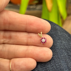 May include: A gold pendant featuring a flower design with a central diamond and surrounding red gemstones. The pendant is small and delicate, with a simple gold bail for a chain.