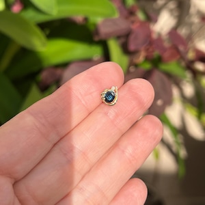 May include: A small, gold-colored earring with a dark blue gemstone and a small white stone. The earring has a delicate, ornate design. The background is blurred, with green and maroon foliage.