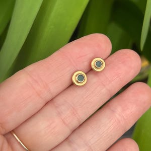 Vintage Emerald Gemstone Earrings, 14k Green Bezel Set Layering Stud Earrings, Pair Green Round Cartilage Studs #521