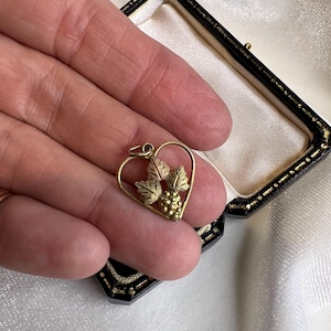 May include: A gold-toned heart-shaped pendant with a grape and leaf design. The pendant features a gold outline with detailed leaves and grapes in shades of gold and rose. The jewelry is displayed in a black and cream-colored jewelry box.