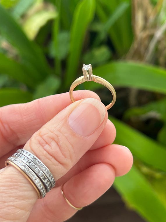 Vintage Solid 14k Gold Tiny Diamond Solitaire Pro… - image 5