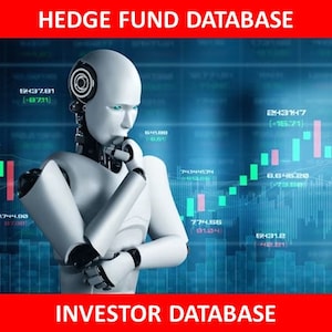 May include: A white robot with a blue background, looking thoughtful. The background has a graph with numbers and data, and the text "HEDGE FUND DATABASE" and "INVESTOR DATABASE" in red.