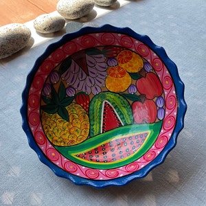 Vintage Handmade, Painted Pottery footed bowl made in Puerto Vallarta, Mexico