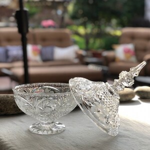 Beautiful Vintage American Brilliant Cut Crystal Pedestal Candy Dish Bowl Lid with Finnial ABCG 11”