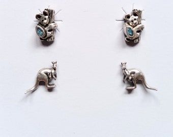 VTG 925 Sterling Silver Kangaroo & Koala Bear Turquoise Chip Inlay Stud Earrings Australian Animals