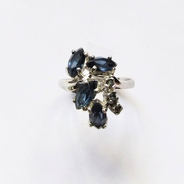 Vintage Sarah Coventry Faux Blue Sapphire Cocktail Silver Tone Ring size 8.5 - PLEASE READ