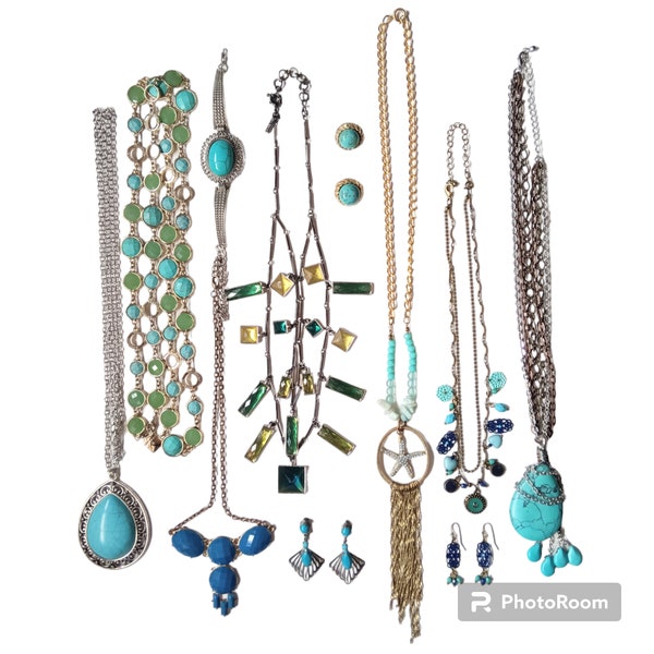 Vintage to Now Costume Mixed Blue & Green Jewelry Lot of 14 Pcs Estate Lot Necklaces Bracelets Earrings