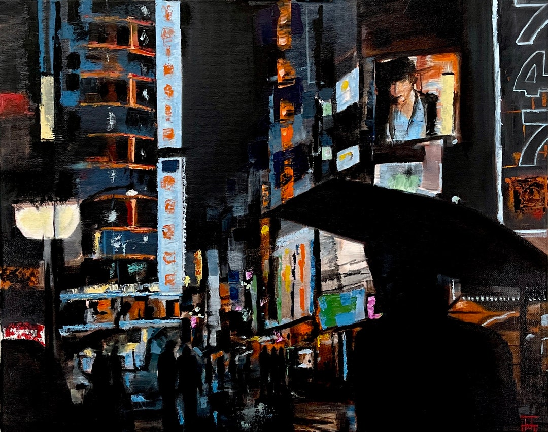 夜の街の風景画 16”x20” キャンバスに油彩 - Etsy 日本