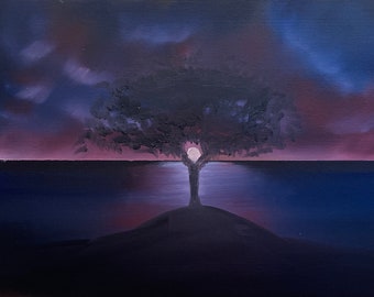 May include: A painting of a dark silhouette of a tree standing in the water with a bright white moon behind it. The sky is a dark purple with clouds and the water is a dark blue.