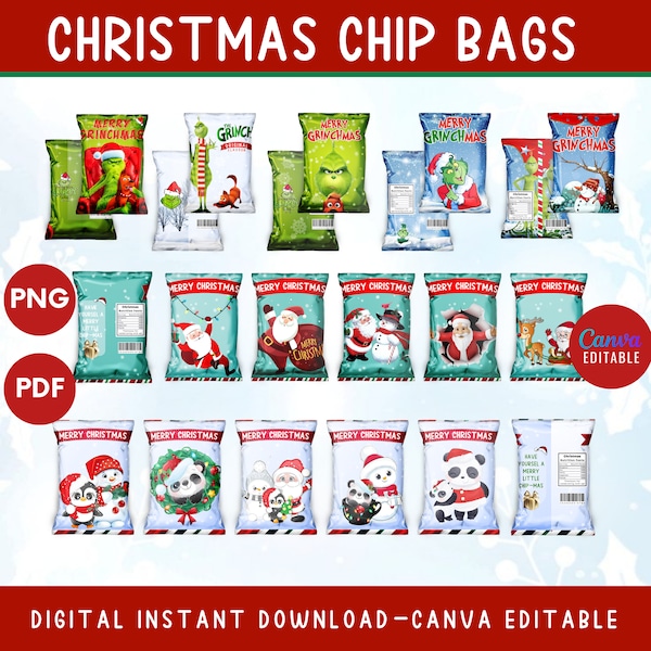 15 Christmas Chip Bags, Christmas Chip Bag Template Canva, Christmas Chip Bag Wrapper, Christmas Candy Bags, Fall Festival Chip Bags