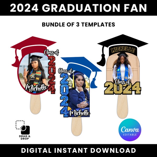DIY Graduation Fans, Editable Canva Frame for Grad Fans Drag & Drop, Graduation Fan in Cricut, Class Of 2024, Graduation Paddle Fan Template