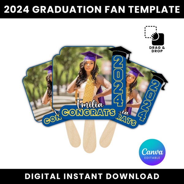 DIY Graduation Fans, Editable Canva Frame for Grad Fans Drag & Drop, Graduation Fan in Cricut, Class Of 2024, Graduation Paddle Fan Template