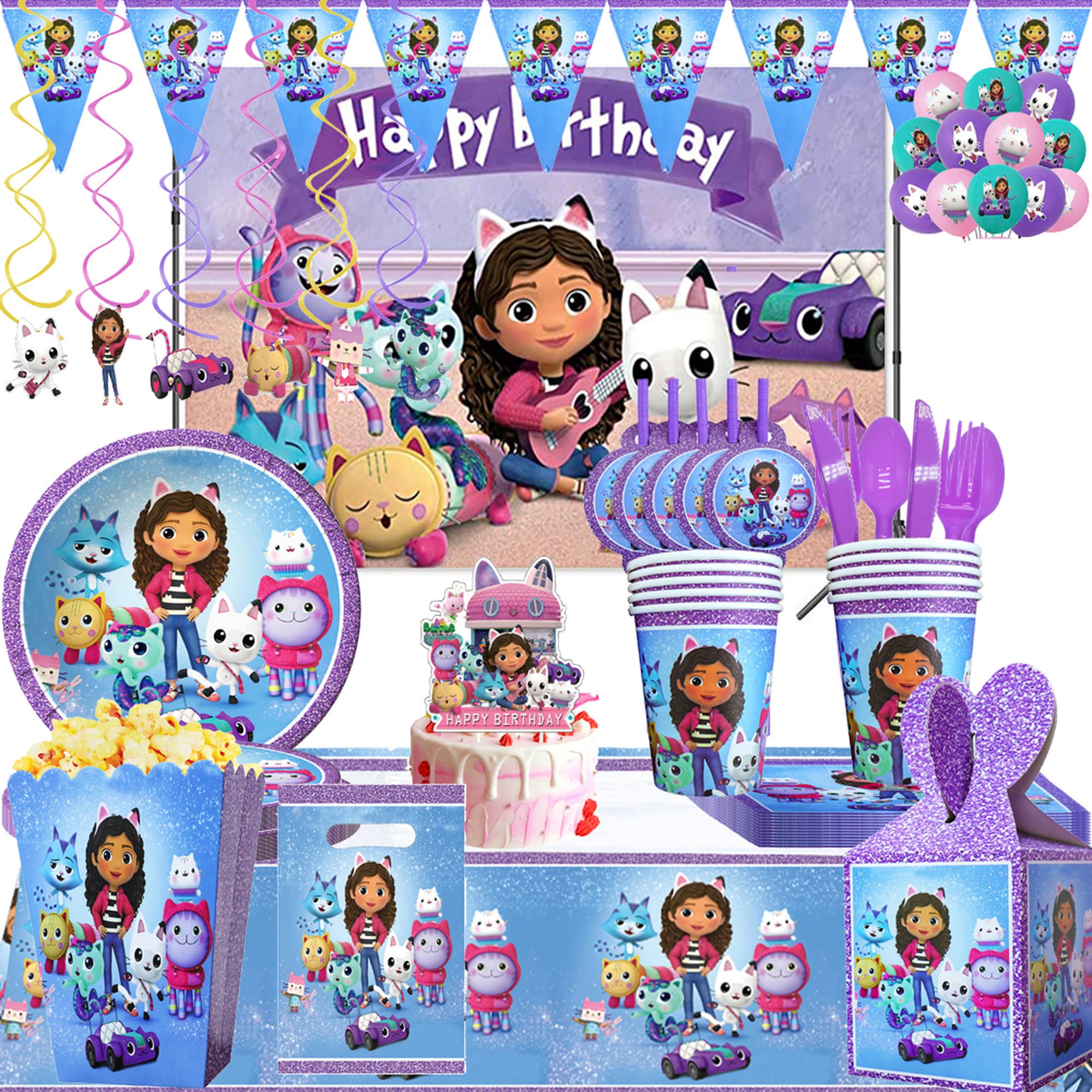 Gabby Dollhouse Usa e getta Per la tavola Per le stoviglie Gatti  Decorazione per compleanno Palloncino Per bambini Gabby Doll House Figure  Forniture per feste Stoviglie -  Italia