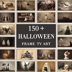 Peut inclure: Une collection de plus de 150 œuvres d'art numériques sur le thème d'Halloween pour Frame TV, présentant des fantômes, squelettes, citrouilles, maisons hantées, chats noirs et chauves-souris dans un style vintage sépia avec le texte 150+ HALLOWEEN FRAME TV ART.