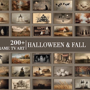 May include: A collection of over 200 digital art files for Frame TVs featuring Halloween and autumn themes. The images include ghosts, pumpkins, witches, haunted houses, skeletons, and seasonal landscapes in a muted, vintage-inspired colour palette.