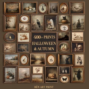 May include: A collection of framed art prints featuring Halloween and autumn themes, including pumpkins, ghosts, bats, and landscapes. The central text reads 400+ PRINTS HALLOWEEN & AUTUMN, with REN ART PRINT at the bottom, all set against a brown background.