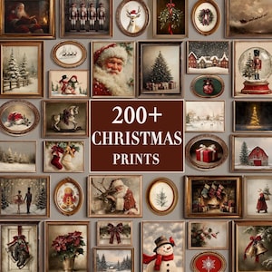 May include: A gallery wall display featuring over 30 framed Christmas prints, including images of Santa Claus, nutcrackers, snowmen, reindeer, winter landscapes, and holiday decor, with a central sign reading 200+ CHRISTMAS PRINTS.