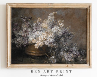 May include: A vintage painting of a bouquet of white and purple flowers in a gold bowl. The flowers are arranged in a loose, natural style, and the painting has a soft, romantic feel.