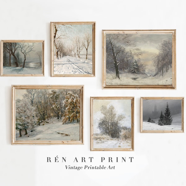 Winter Gallery Wall Art Set of 6 Prints | Christmas Wall Decor | Neutral Winter Gallery Wall Prints | Landscape Painting Digital Print