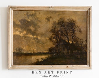 Moody Landscape Painting | Antique Rustic Wall Art | Vintage Sunset Painting | Moody Wall Art Digital Download | Vintage Landscape Print