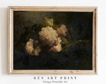 Puede incluir: Una pintura vintage de un ramo de flores blancas en un marco oscuro. Las flores están dispuestas en un estilo suelto y natural, y la pintura tiene un toque suave y romántico.