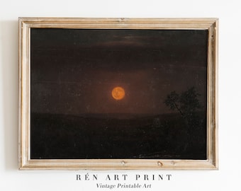 Vintage Moonlight Landscape Painting | Dark Night Printable Art (Digital Download)