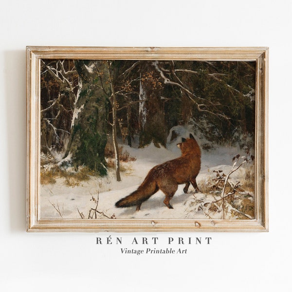 Vintage Winter Landscape Print | Fox in Winter Painting | Winter Scene Wall Art | Antique Christmas Printable Art | Rustic Animal Digital