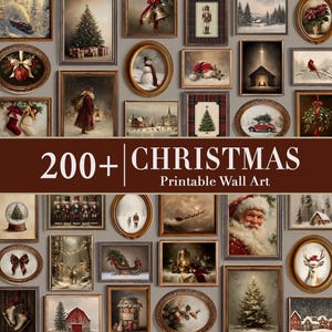 May include: A collection of framed Christmas-themed wall art prints featuring various scenes including a steam train, decorated trees, Santa Claus, snowmen, nutcrackers, winter landscapes, reindeer, and festive ornaments displayed on a gray wall.